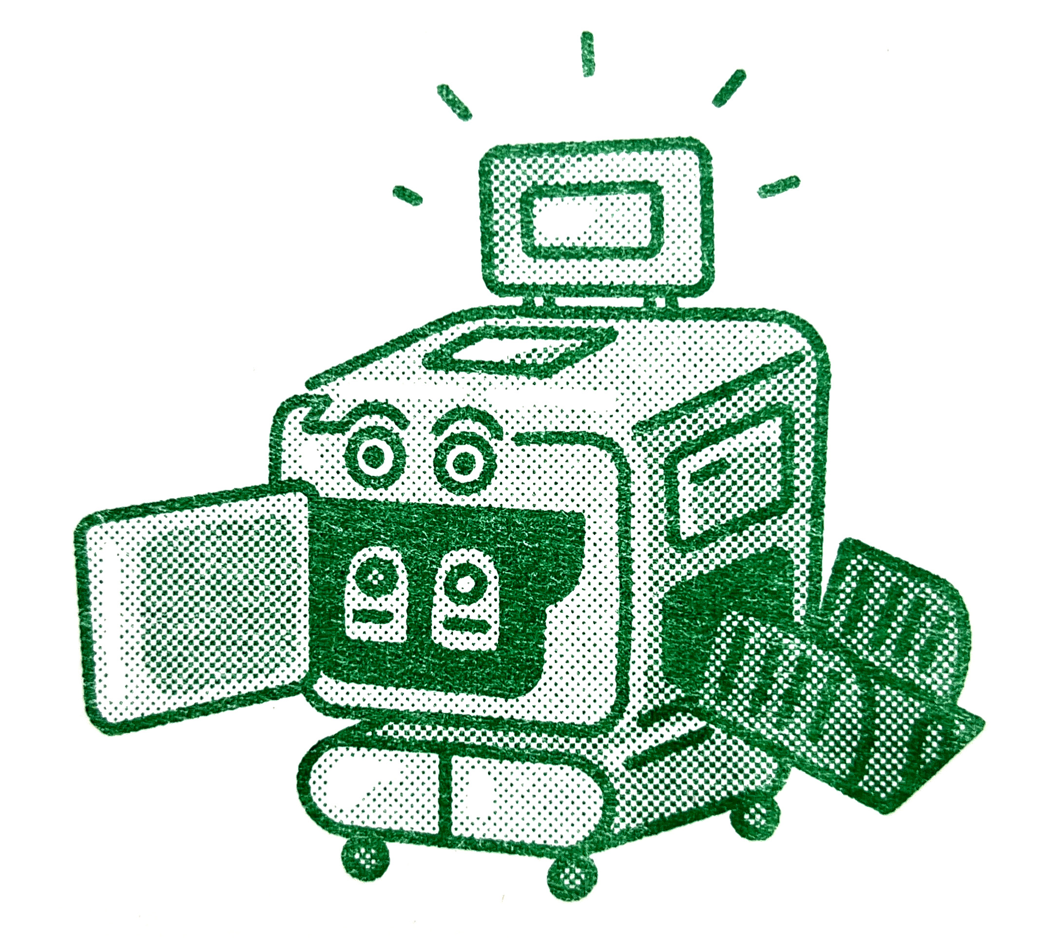 An all green illustration of a risograph printer with eyes, looking surprised or excited. 
