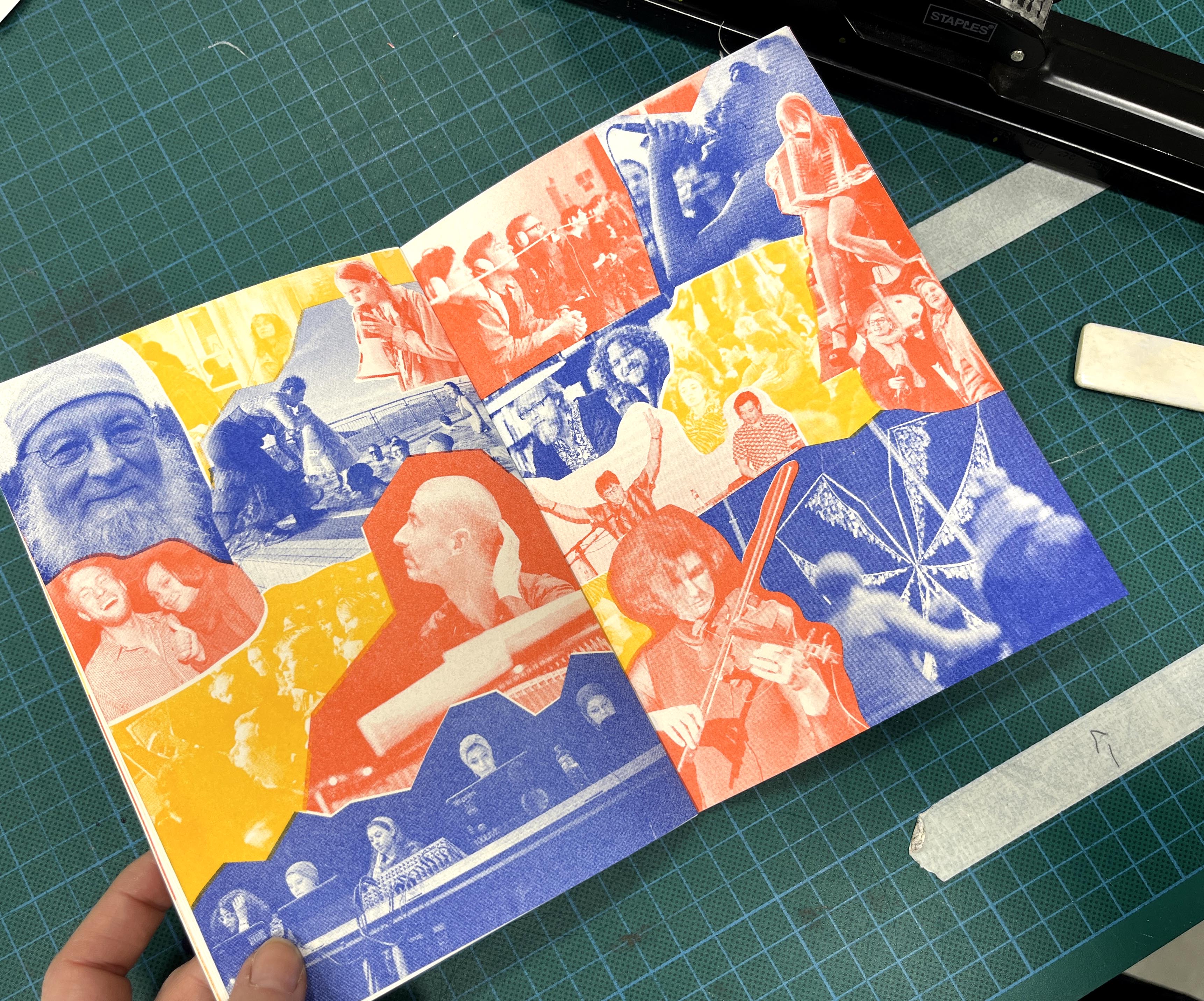 A brochure with its middle spread open. The spread contains a collage of images of people playing instruments, and people smiling. There is a mix of photographs in red, yellow and blue.